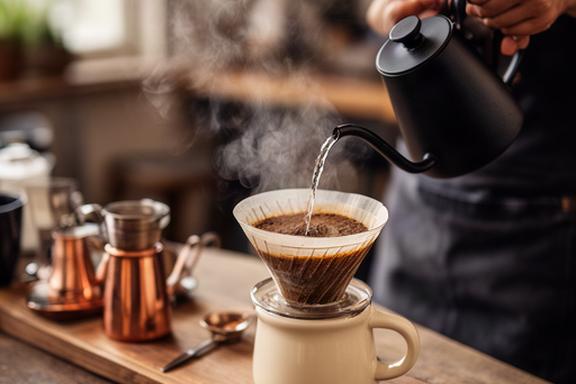 バリスタが丁寧にハンドドリップでコーヒーを抽出している手元、湯気が立ち上る様子